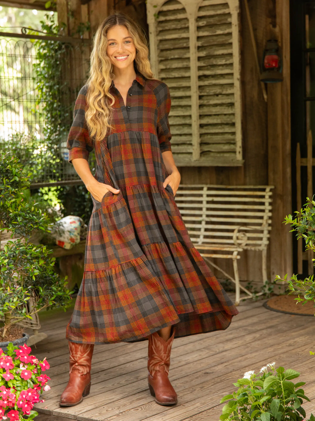 Camping Flannel Outfits For Fall Rebecca Flannel Midi Dress Black