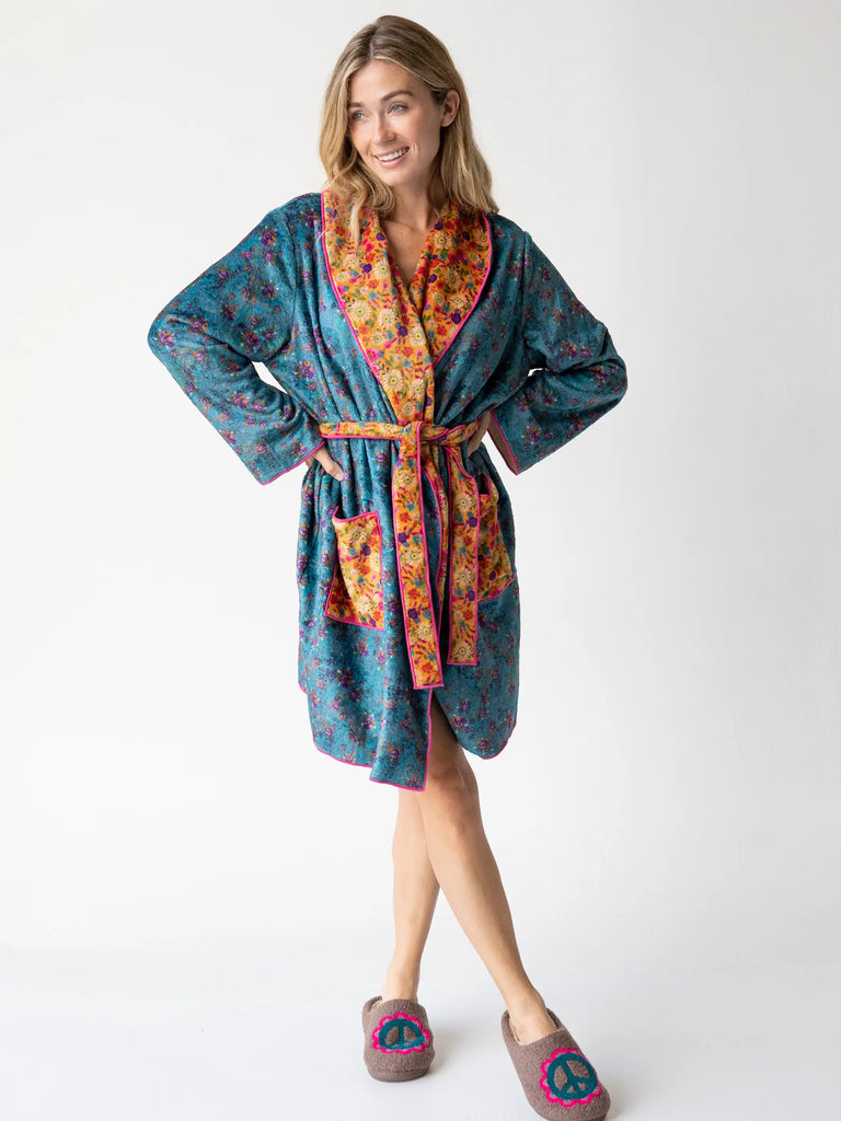 Cozy Sherpa Robe - Teal Mustard Floral Mix-view 2