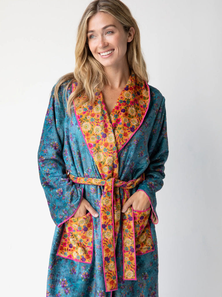 Cozy Sherpa Robe - Teal Mustard Floral Mix-view 1