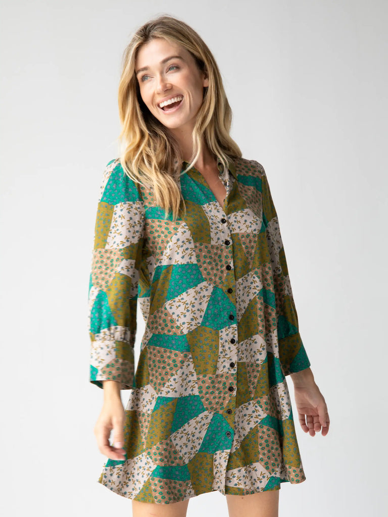 Twiggy Mini Shirt Dress - Green Floral Patchwork-view 1
