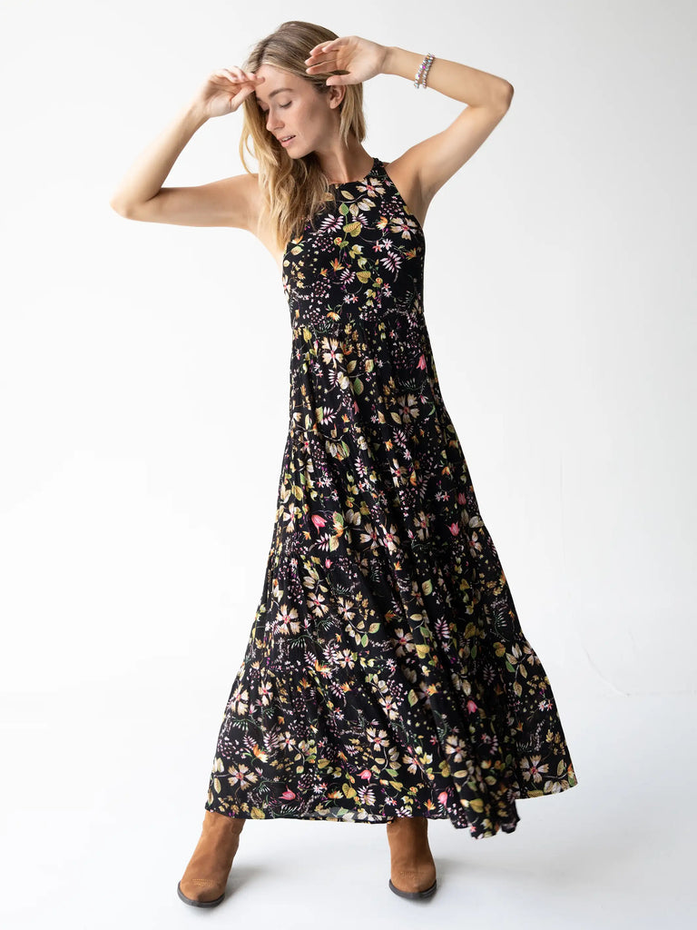Halle Printed Halter Maxi Dress - Black Floral Stems-view 3