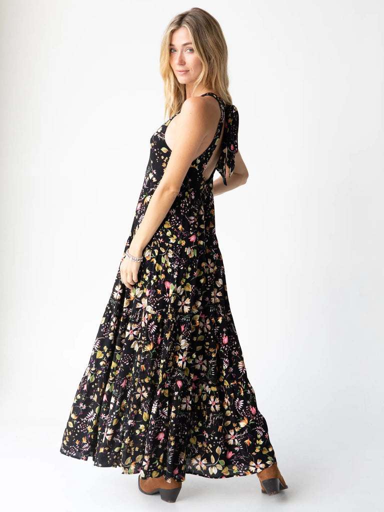 Halle Printed Halter Maxi Dress - Black Floral Stems-view 1