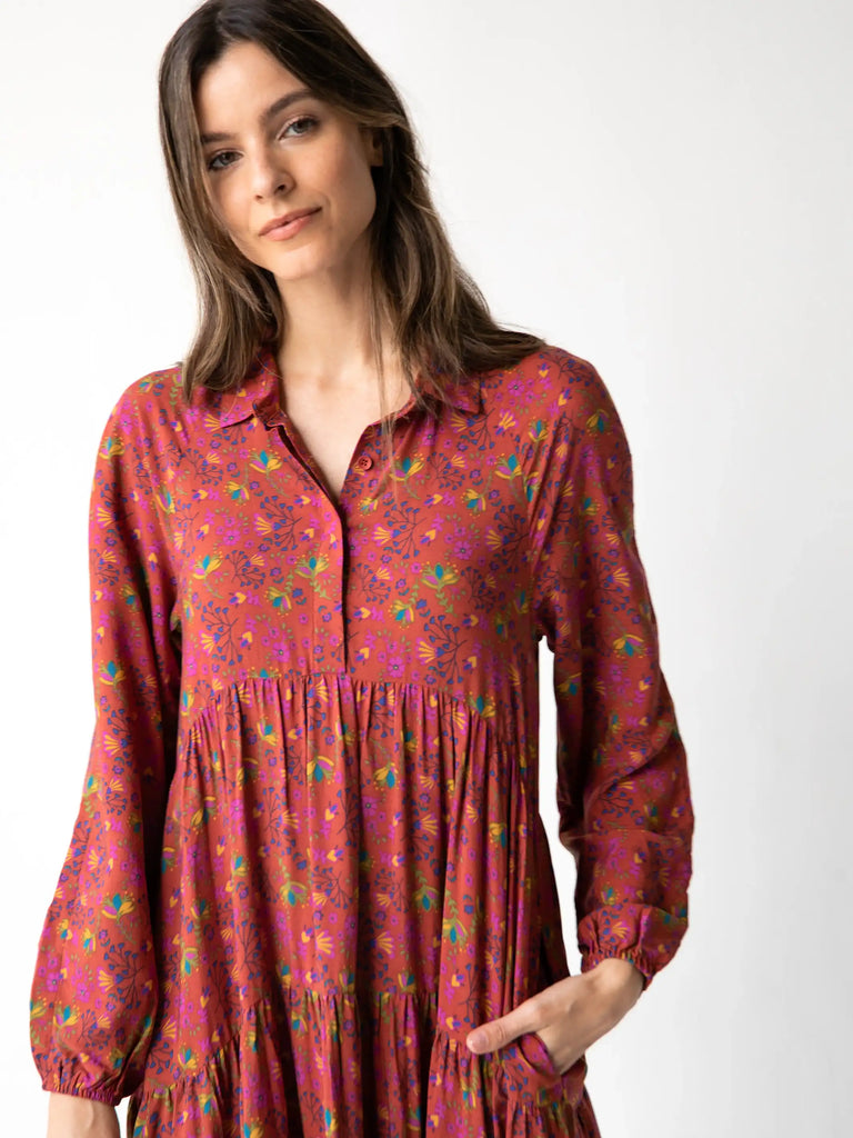Rebecca Long Sleeve Tiered Dress - Sunflowers Red Clay-view 2