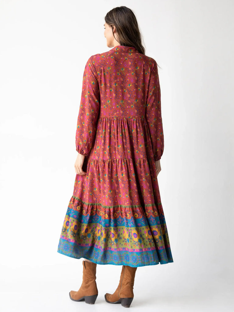 Rebecca Long Sleeve Tiered Dress - Sunflowers Red Clay-view 3