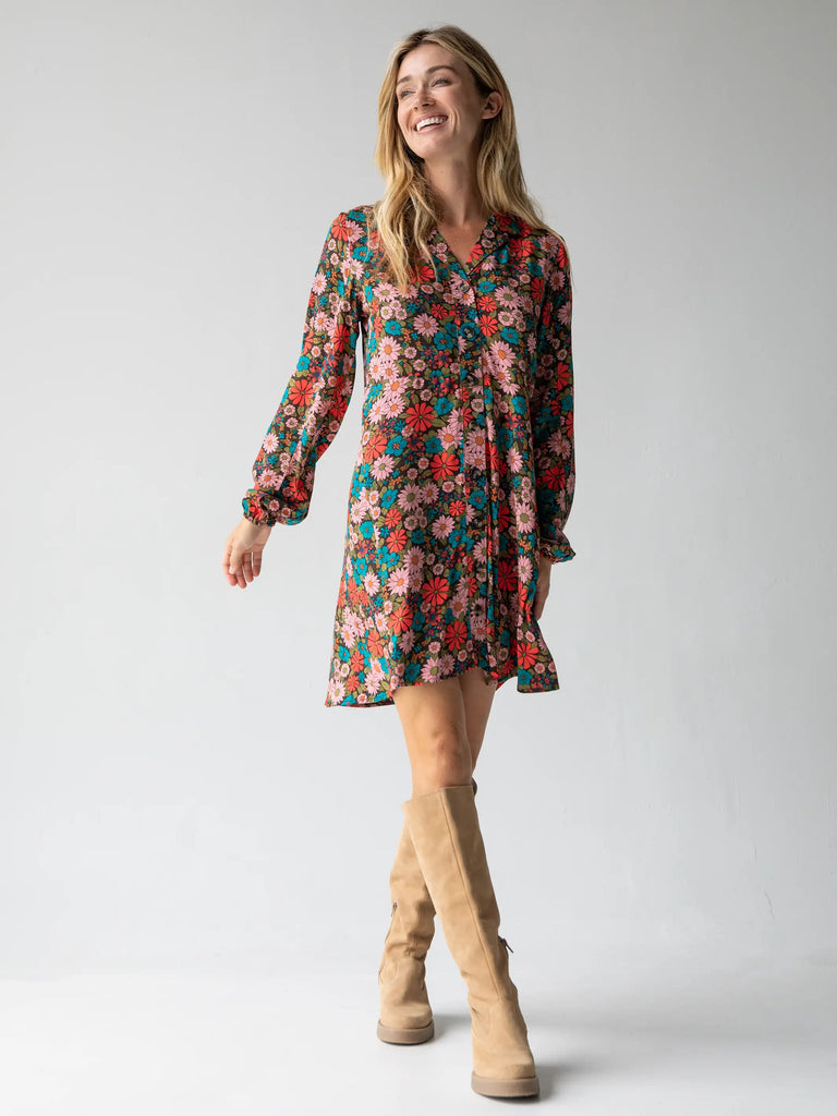Ansley Woven Tunic Shirt Dress - Coral Turquoise Floral-view 5