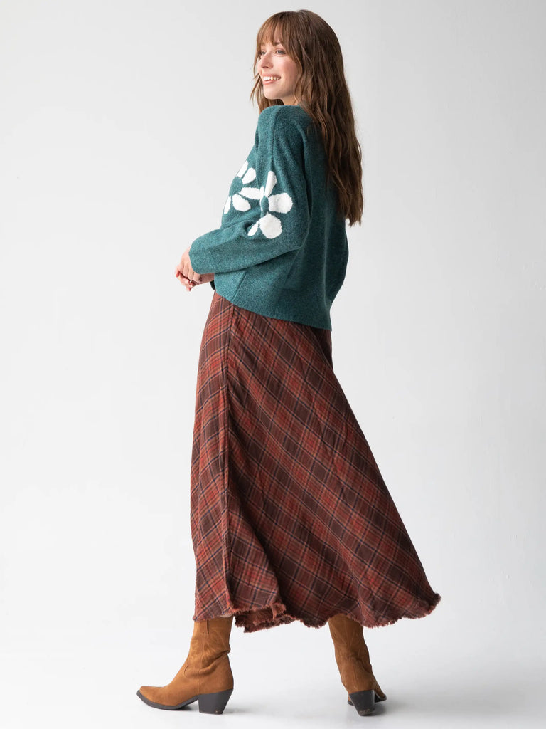 Maisy Frayed Maxi Skirt - Rust Plaid-view 3