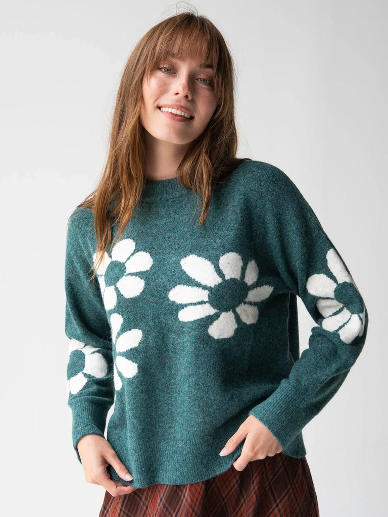 Boxy Intarsia Sweater - Teal Flower-view 3