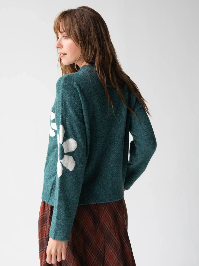 Boxy Intarsia Sweater - Teal Flower-view 4