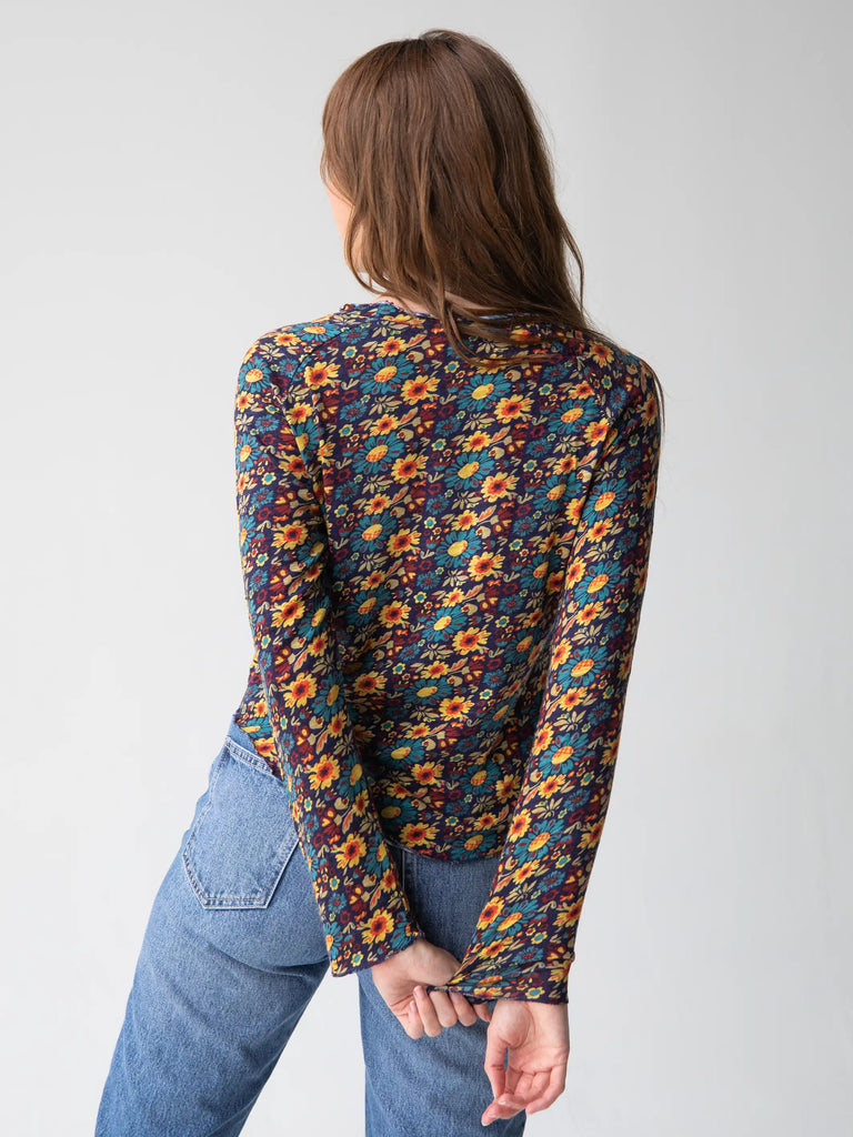Lily Printed Knit Long Sleeve Tee Shirt - Navy Olive Floral-view 2