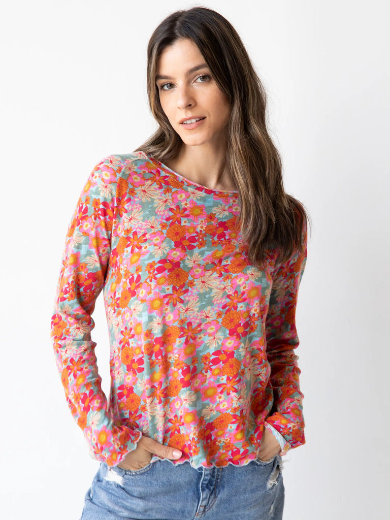 Lily Printed Knit Long Sleeve Tee Shirt - Bright Pink Red Floral-view 2