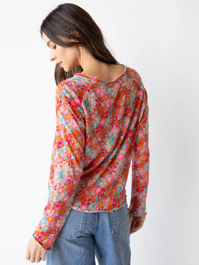 Lily Printed Knit Long Sleeve Tee Shirt - Bright Pink Red Floral-view 3
