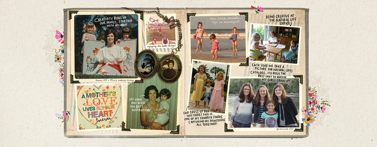 Scrapbook-style spread of family photos across generations: a mother with her daughters, children at the beach, a locket, and a “A Mother’s Love Lives in Your Heart” card
