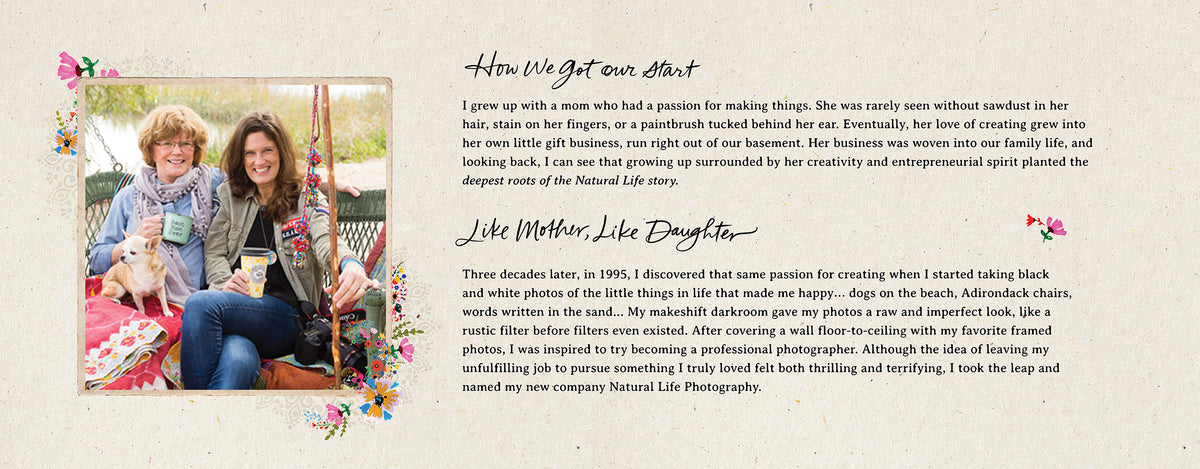 Two smiling women holding mugs on a porch swing with a small tan chihuahua. Text: “How We Got Our Start” and “Like Mother, Like Daughter” story about Patti Hughes founding Natural Life.