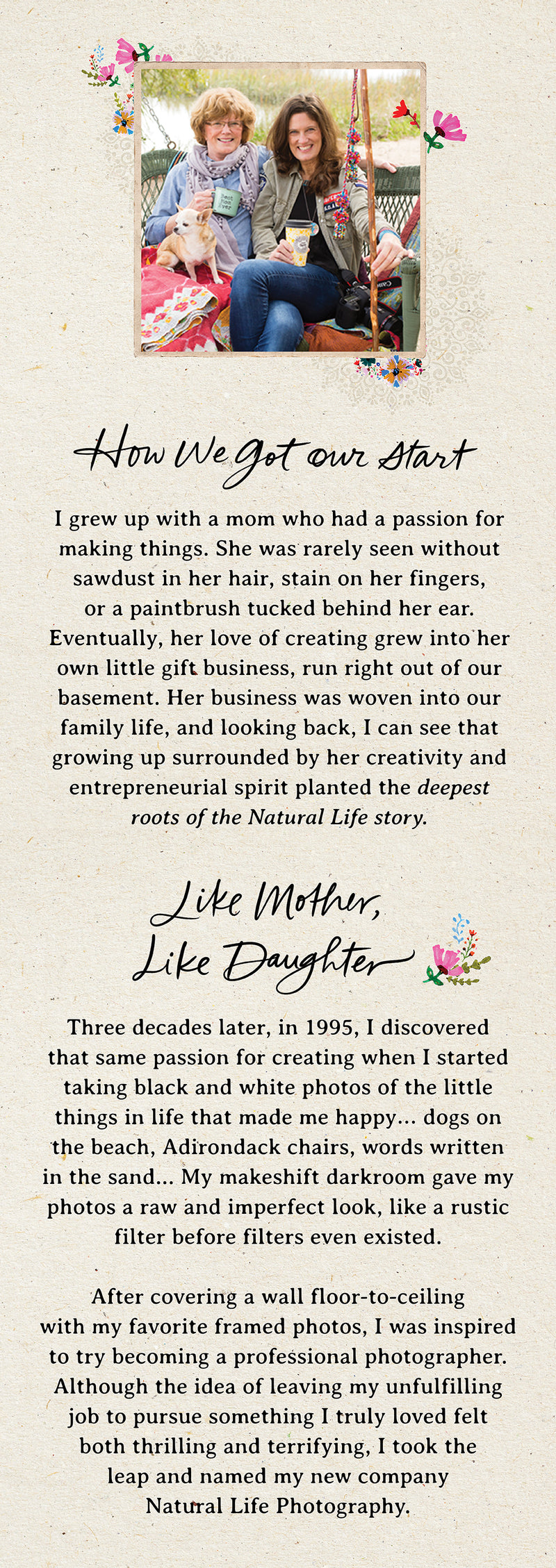 Two smiling women holding mugs on a porch swing with a small tan chihuahua. Text: “How We Got Our Start” and “Like Mother, Like Daughter” story about Patti Hughes founding Natural Life.