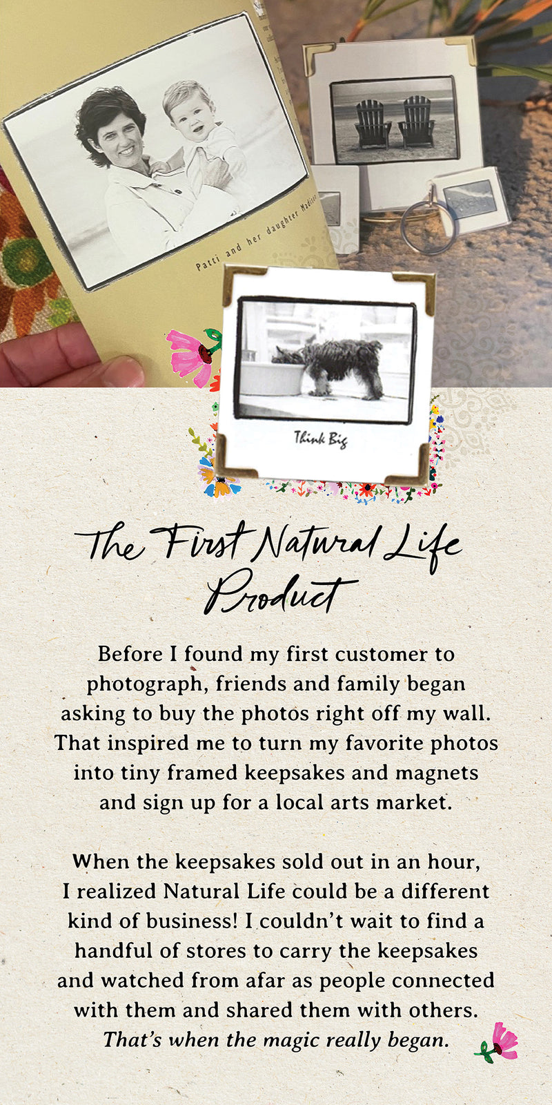 Early Natural Life keepsakes: tiny framed black-and-white photos and magnets, including Adirondack chairs on a beach and a dog, next to a photo of a mother and baby