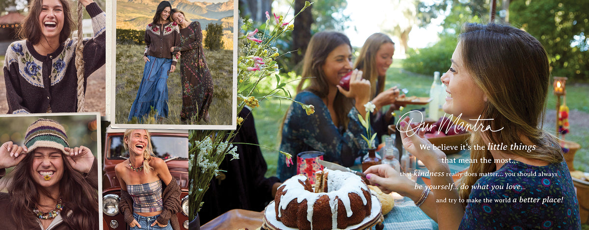 Women laughing together at an outdoor table with a glazed bundt cake, wildflowers and fruit. Text: “Our Mantra: We believe it’s the little things that mean the most... that kindness really does matter... you should always be yourself... do what you love... and try to make the world a better place!”