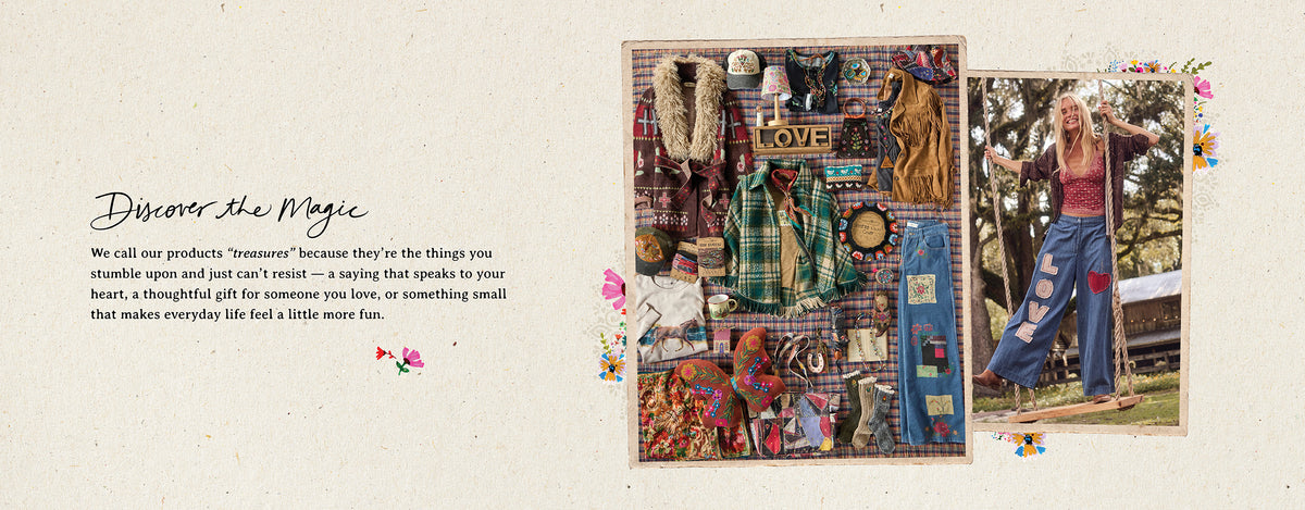Flat lay of Natural Life treasures including a plaid jacket, fringe jacket, patchwork jeans, embroidered pillow, socks, mug and a “LOVE” sign, beside a woman smiling on a tree swing in patchwork “LOVE” jeans