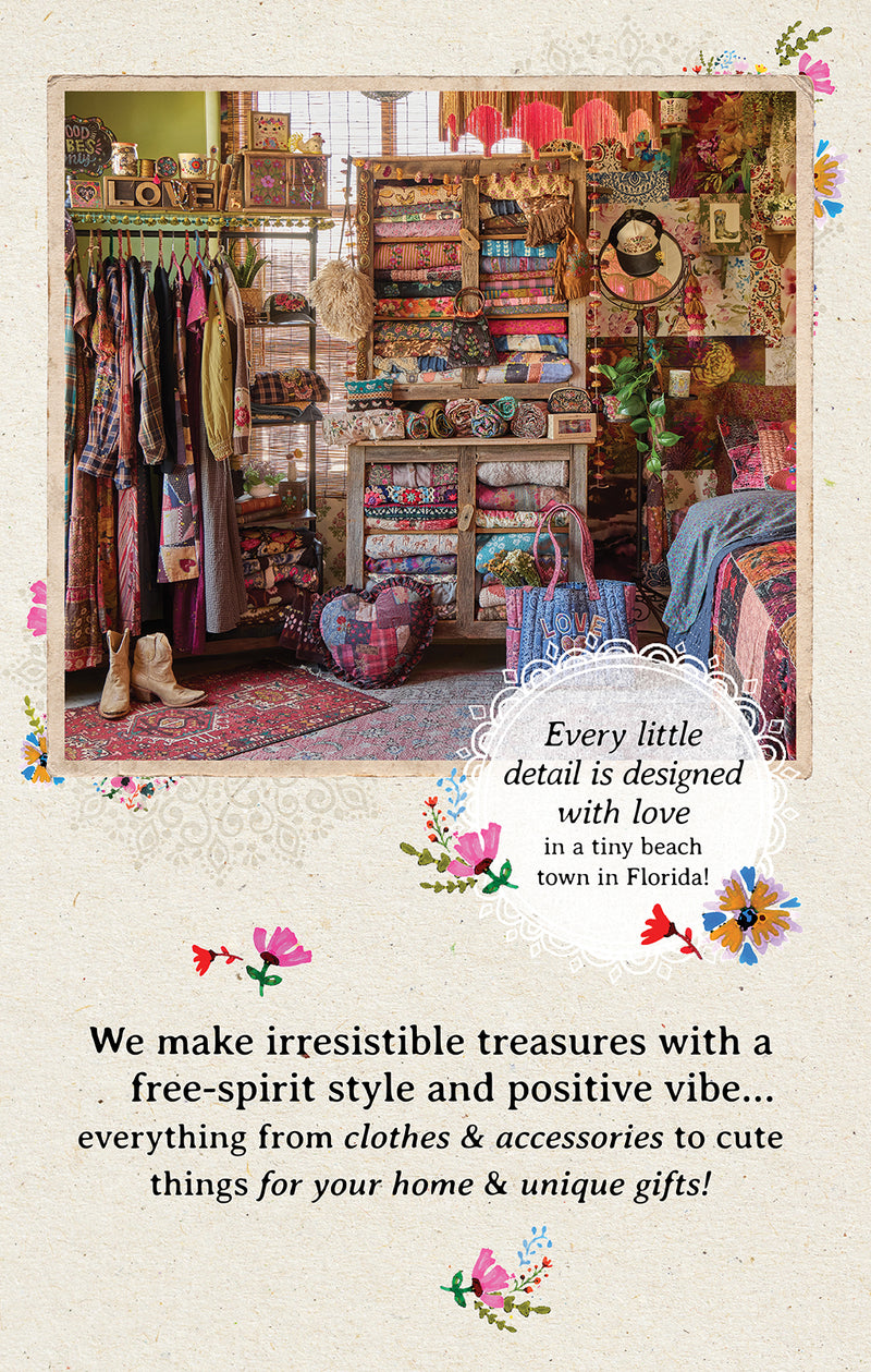 Colorful boho room with clothes on a rack, shelves of folded patchwork quilts, a love tote bag, and cowboy boots. Text: “We make irresistible treasures with a free-spirit style and positive vibe… everything from clothes & accessories to cute things for your home & unique gifts! Every little detail is designed with love in a tiny beach town in Florida!”