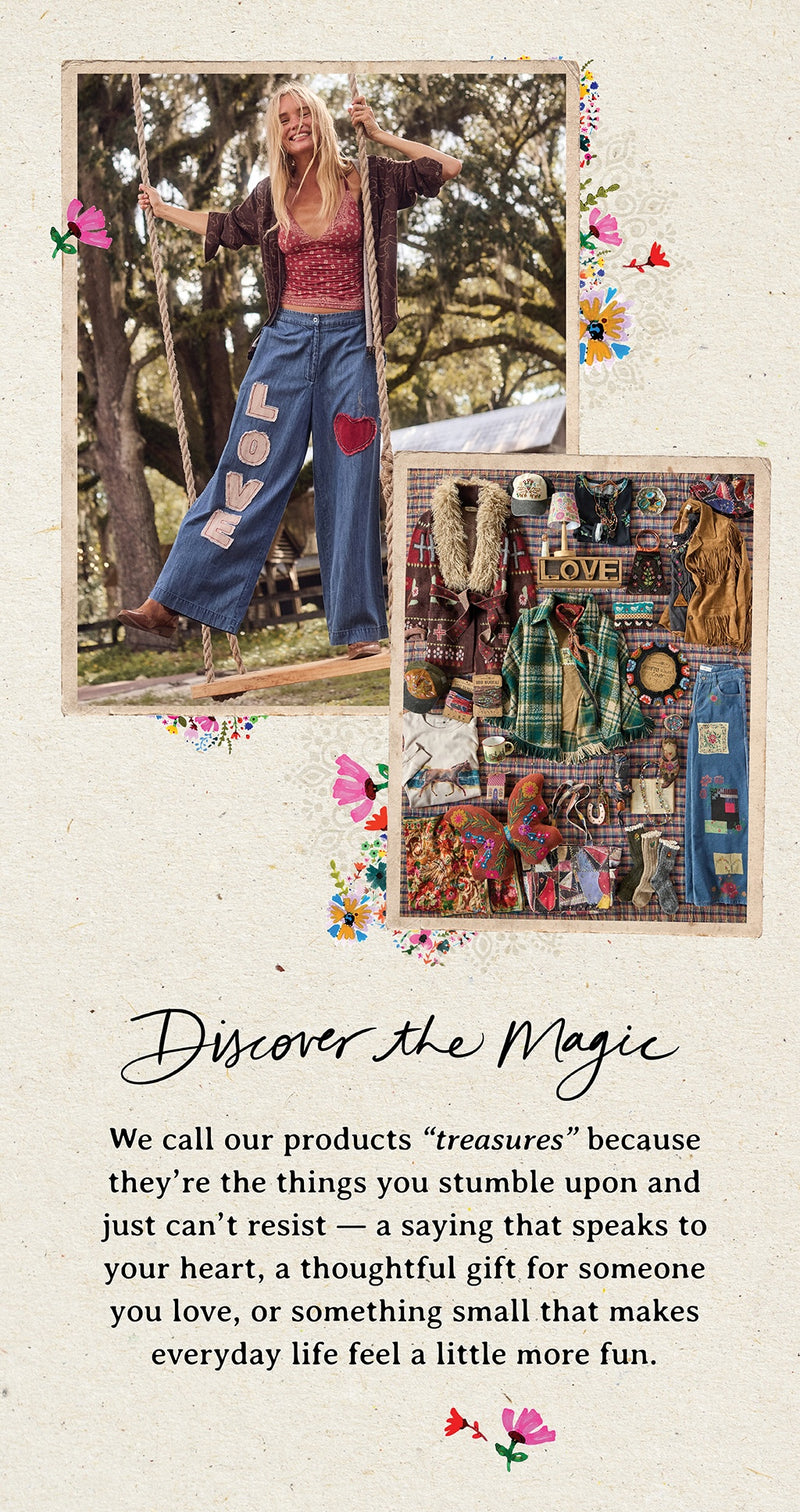Flat lay of Natural Life treasures including a plaid jacket, fringe jacket, patchwork jeans, embroidered pillow, socks, mug and a “LOVE” sign, beside a woman smiling on a tree swing in patchwork “LOVE” jeans