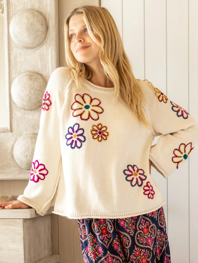 Blooms Cotton Tufted Sweater - Cream-view 1