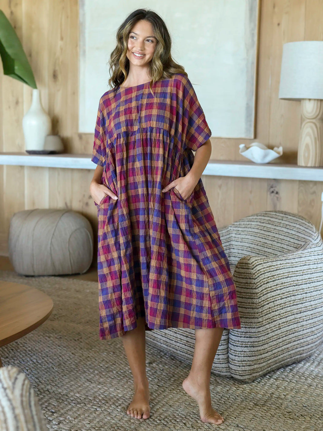 Leona Midi Dress Plaid Plum Mustard – Natural Life