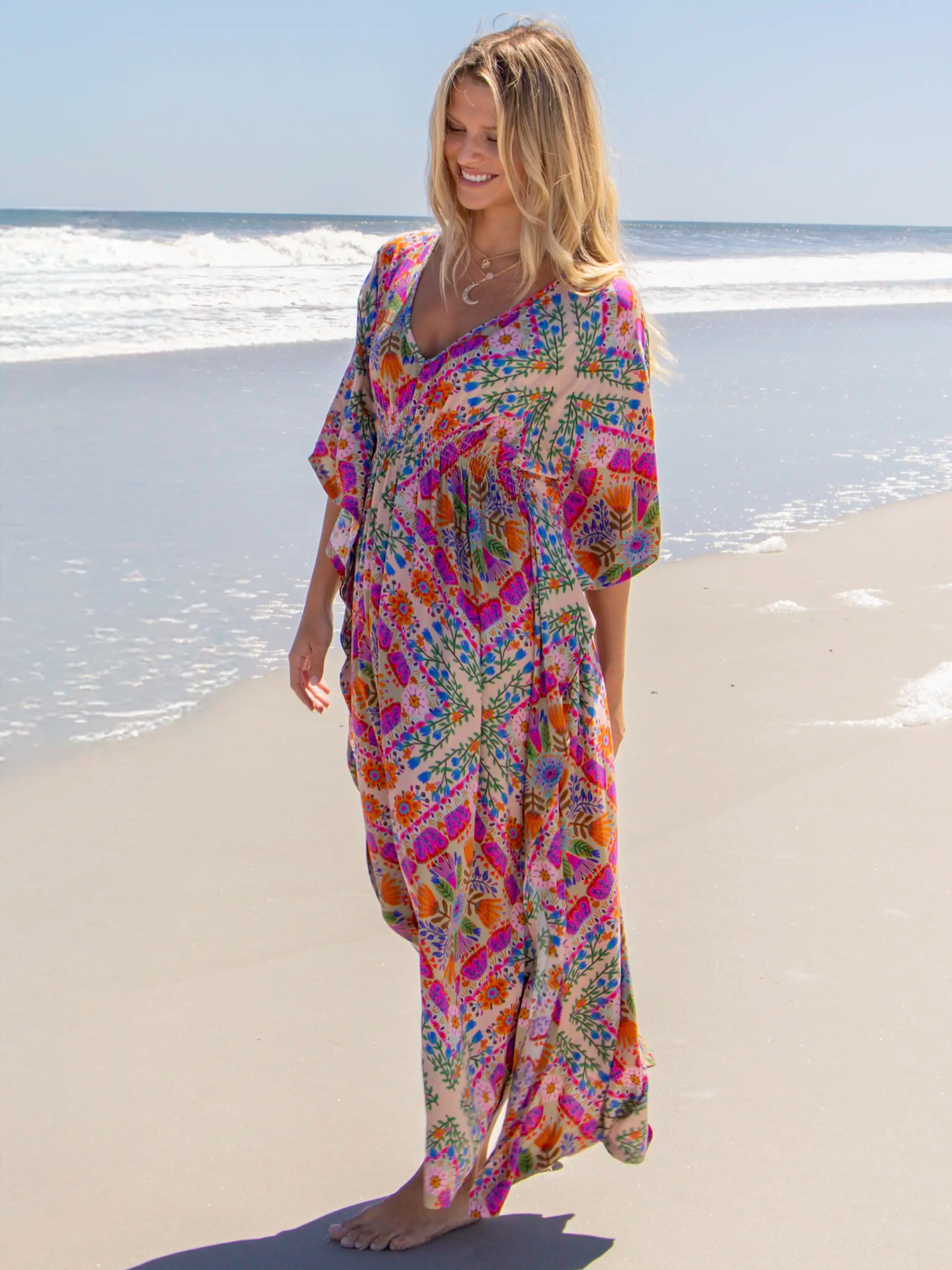 Sanibel Kaftan Maxi Dress - Pink Floral Diamonds  Natural Life