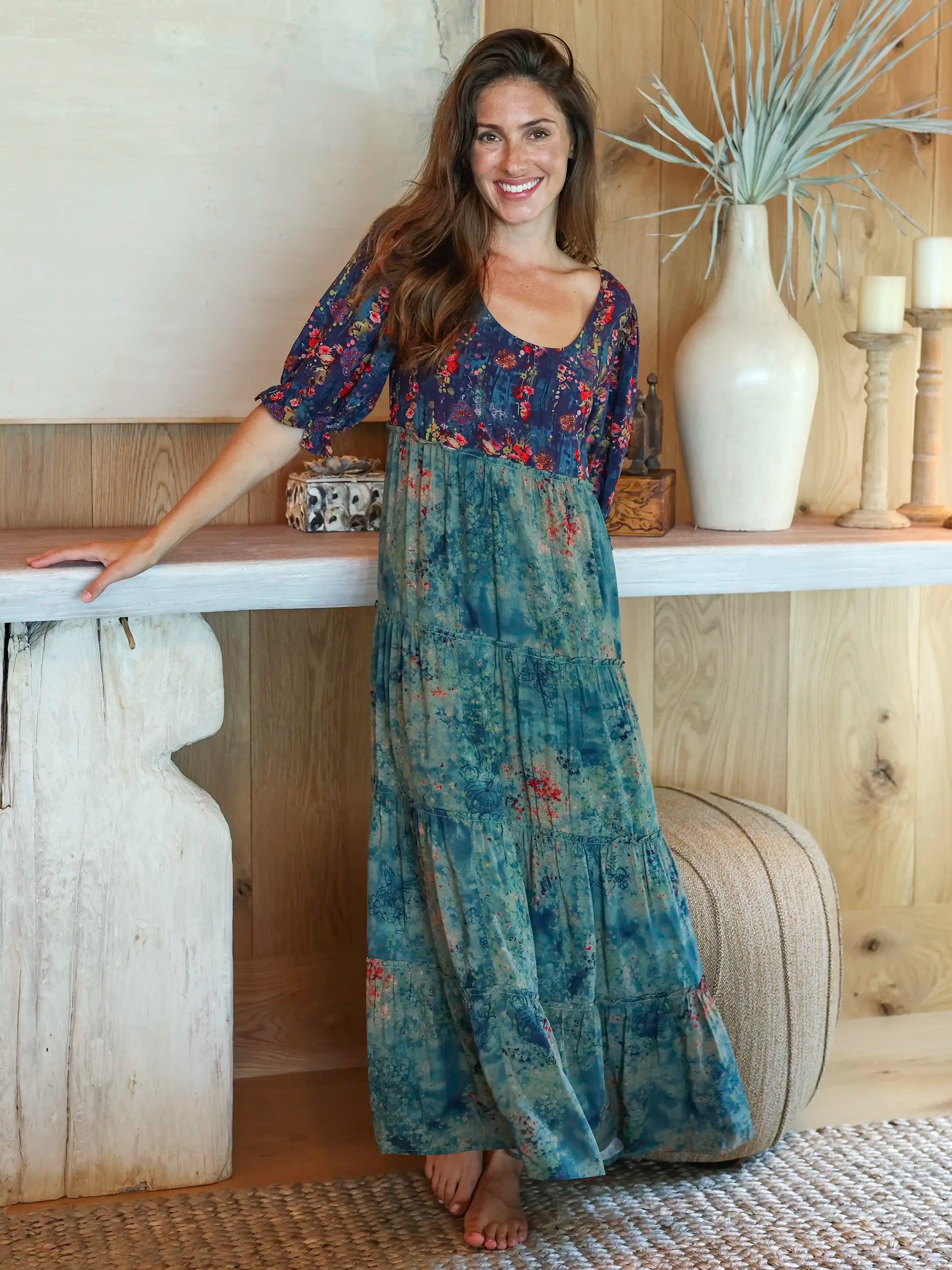 Collette Tiered Maxi Dress - Navy Turquoise Floral – Natural Life