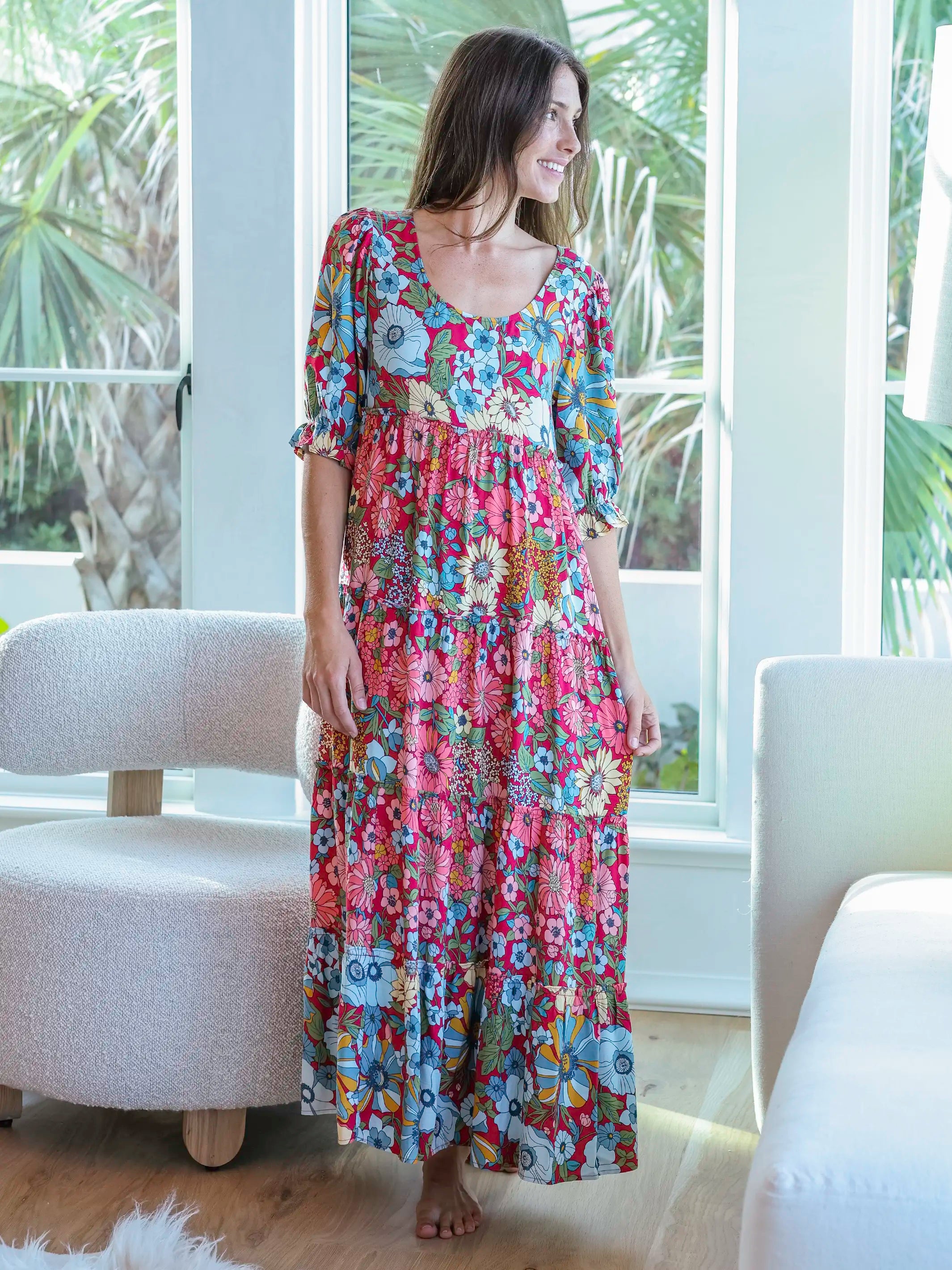 Collette Tiered Maxi Dress - Blue Red Floral – Natural Life