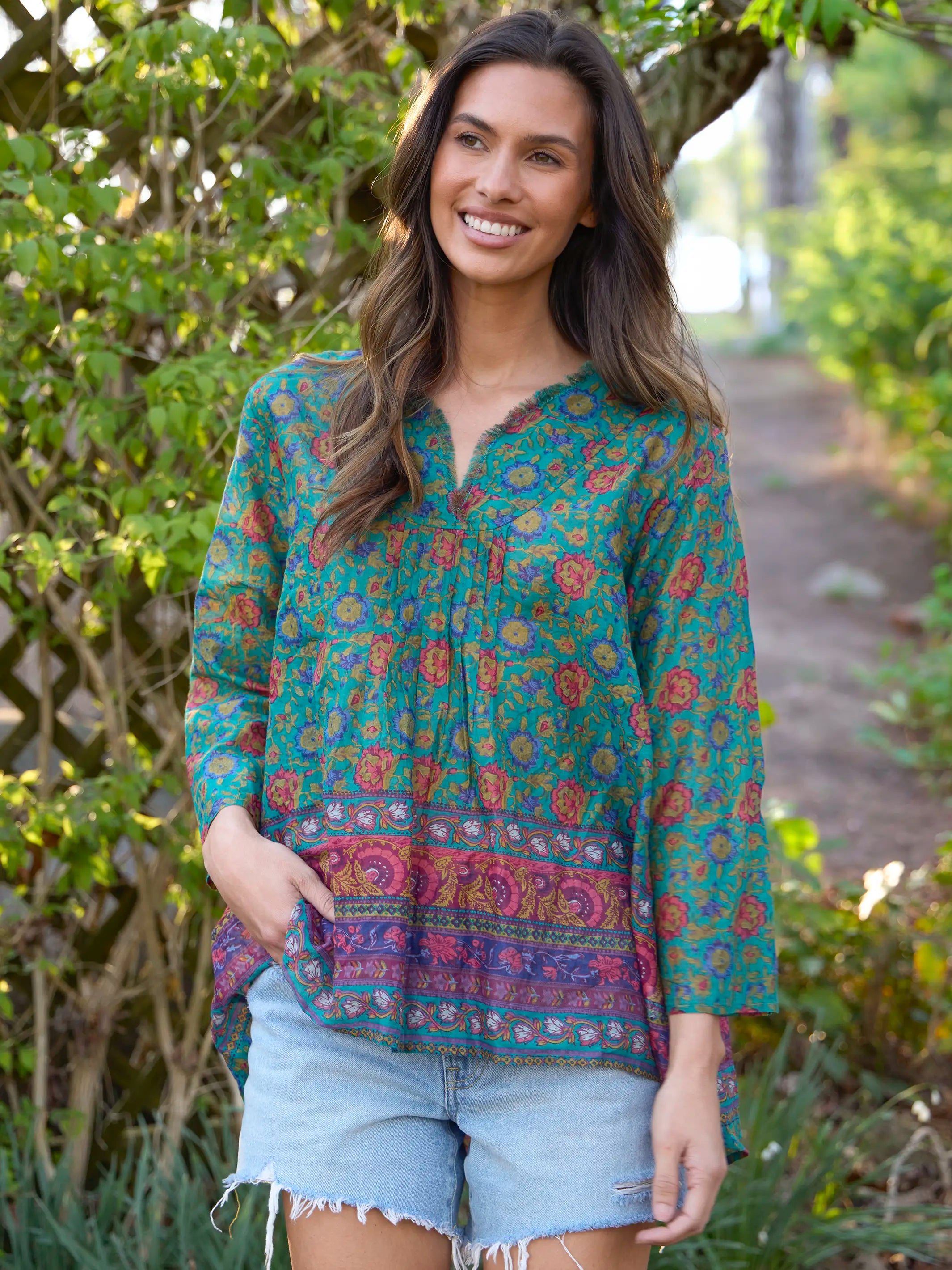 Cotton Tunic-In-A-Bag - Peony Border Teal – Natural Life