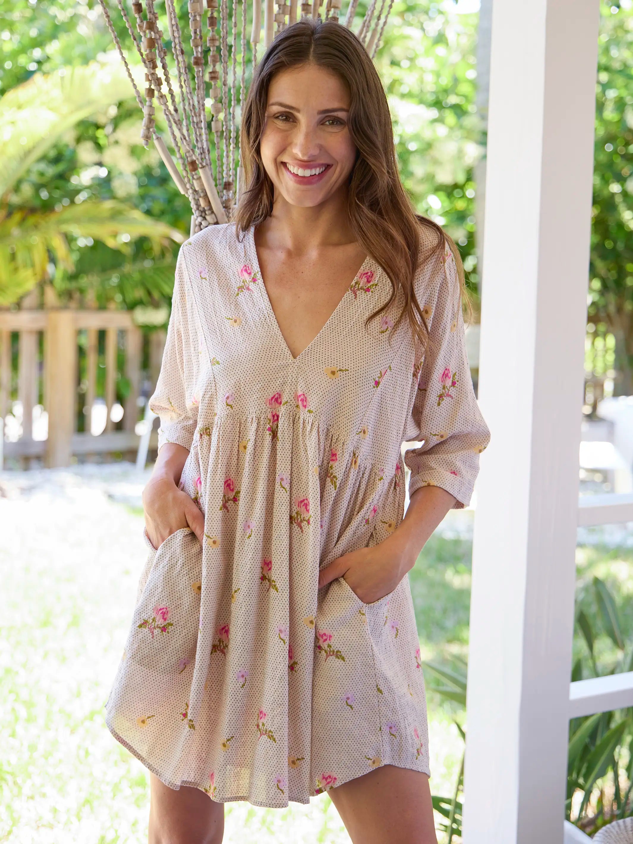 v neck print stitching wooden ear long sleeve mini dress Stella V-Neck Mini Dress