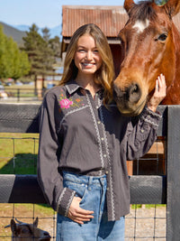 Round Top Embroidered Button Down - Charcoal-view 1