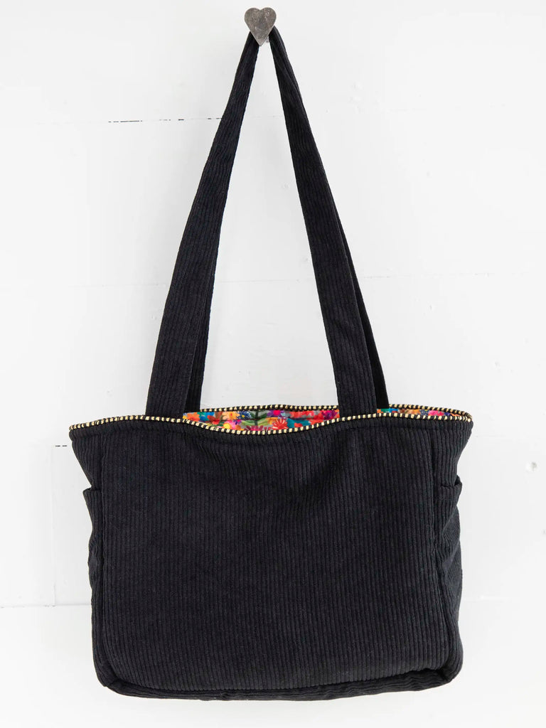 Embroidered Corduroy Tote - Black Folk Flower-view 4