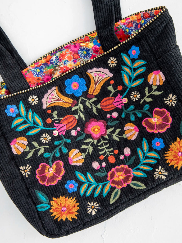 Embroidered Corduroy Tote - Black Folk Flower-view 3