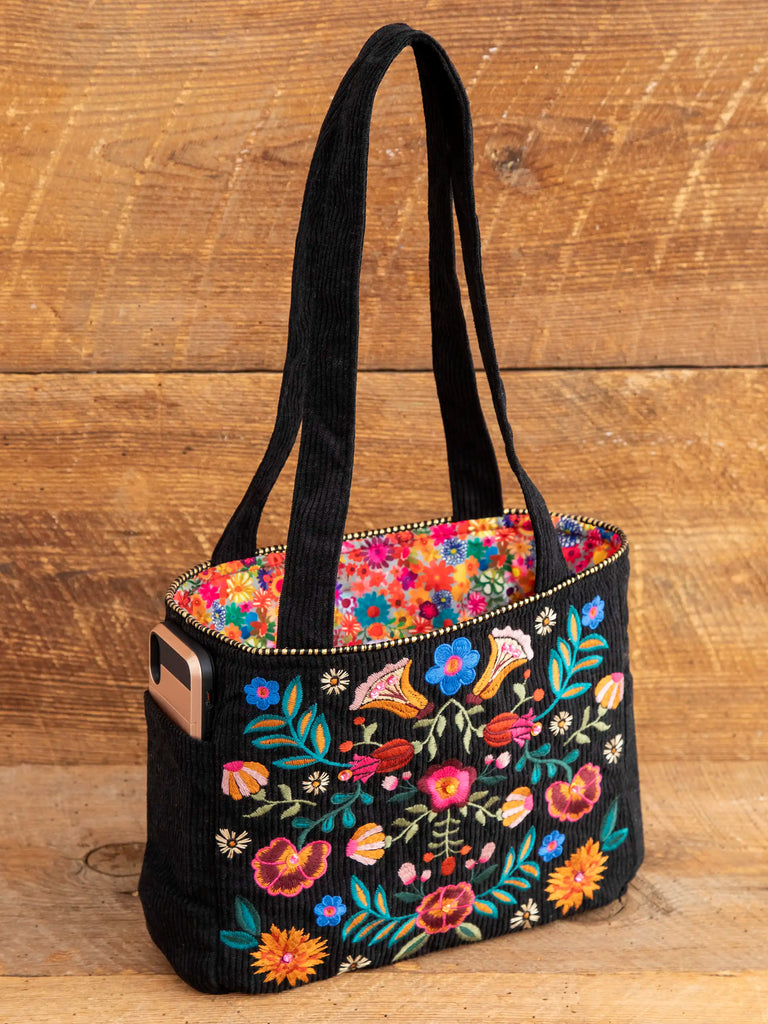 Embroidered Corduroy Tote - Black Folk Flower-view 1