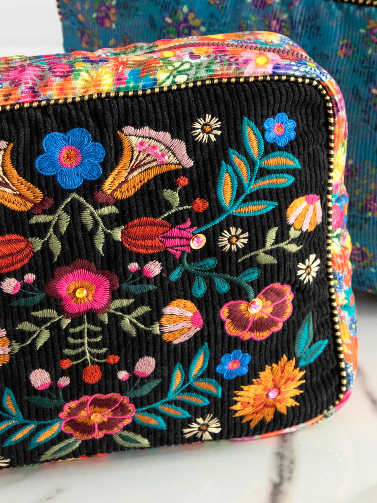 Embroidered Cosmetic Pouch - Black Folk Flower-view 2
