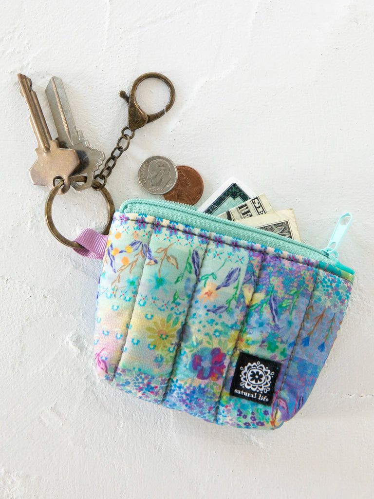 Mini Puffy Coin Purse Key Clip Blue Watercolor Patchwork Natural Life