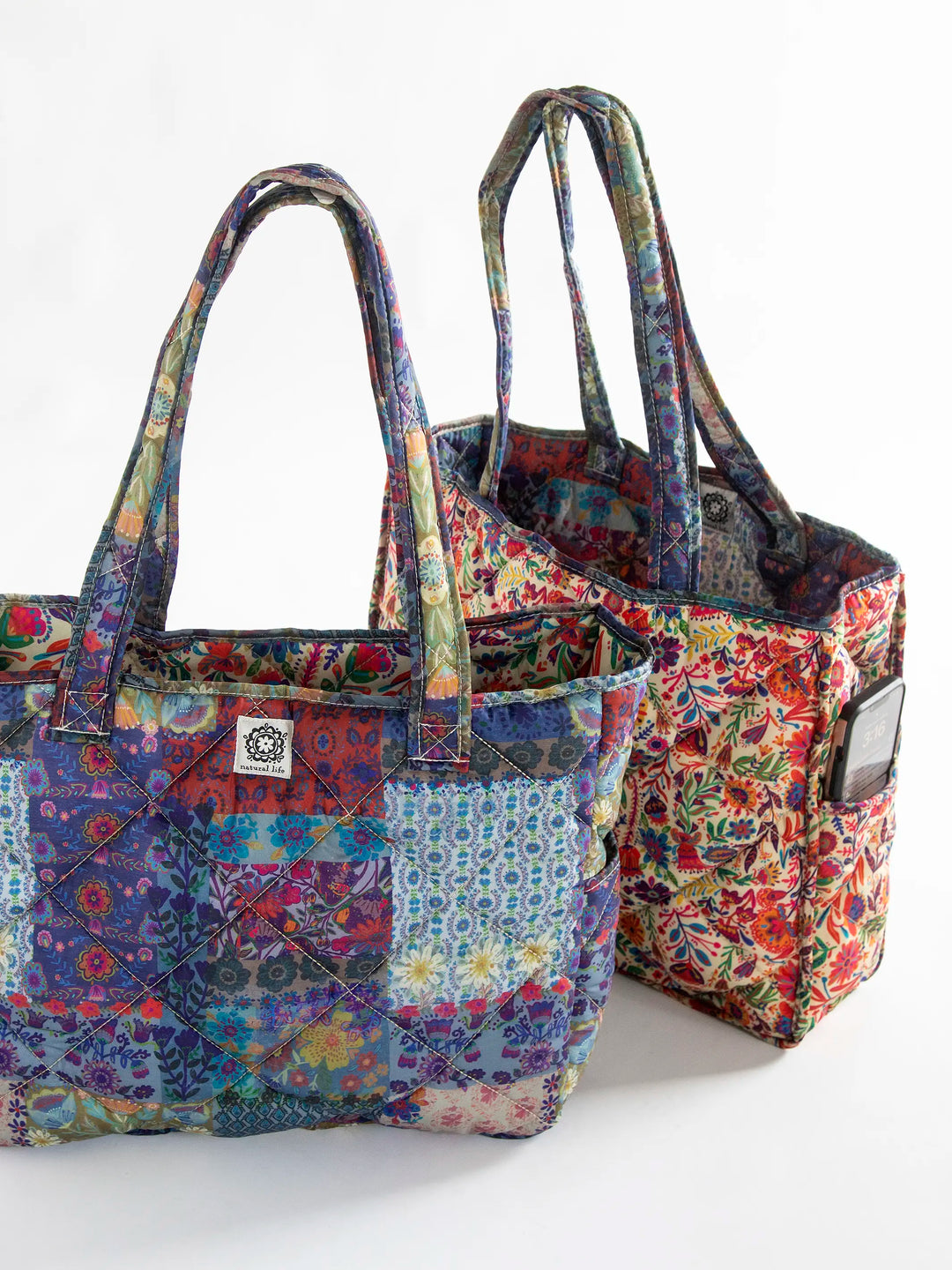 Reversible Puffy Tote Bag - Large Blue Patchwork