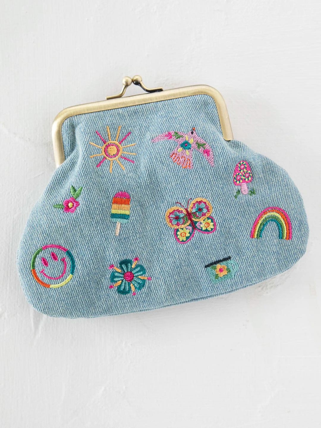 Embroidered Kisslock Coin Purse - Denim