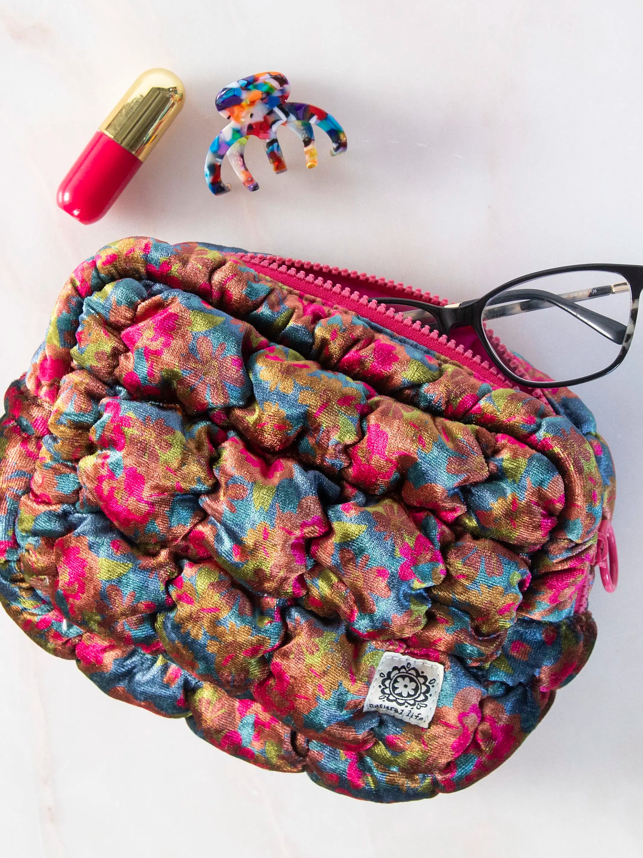 Dana Velvet Puffy Pouch - Teal Pink Floral – Natural Life