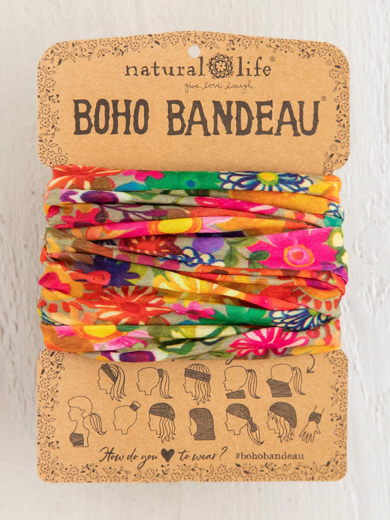 Full Boho Bandeau® Headband - Floral Printed Blue Cream-view 1
