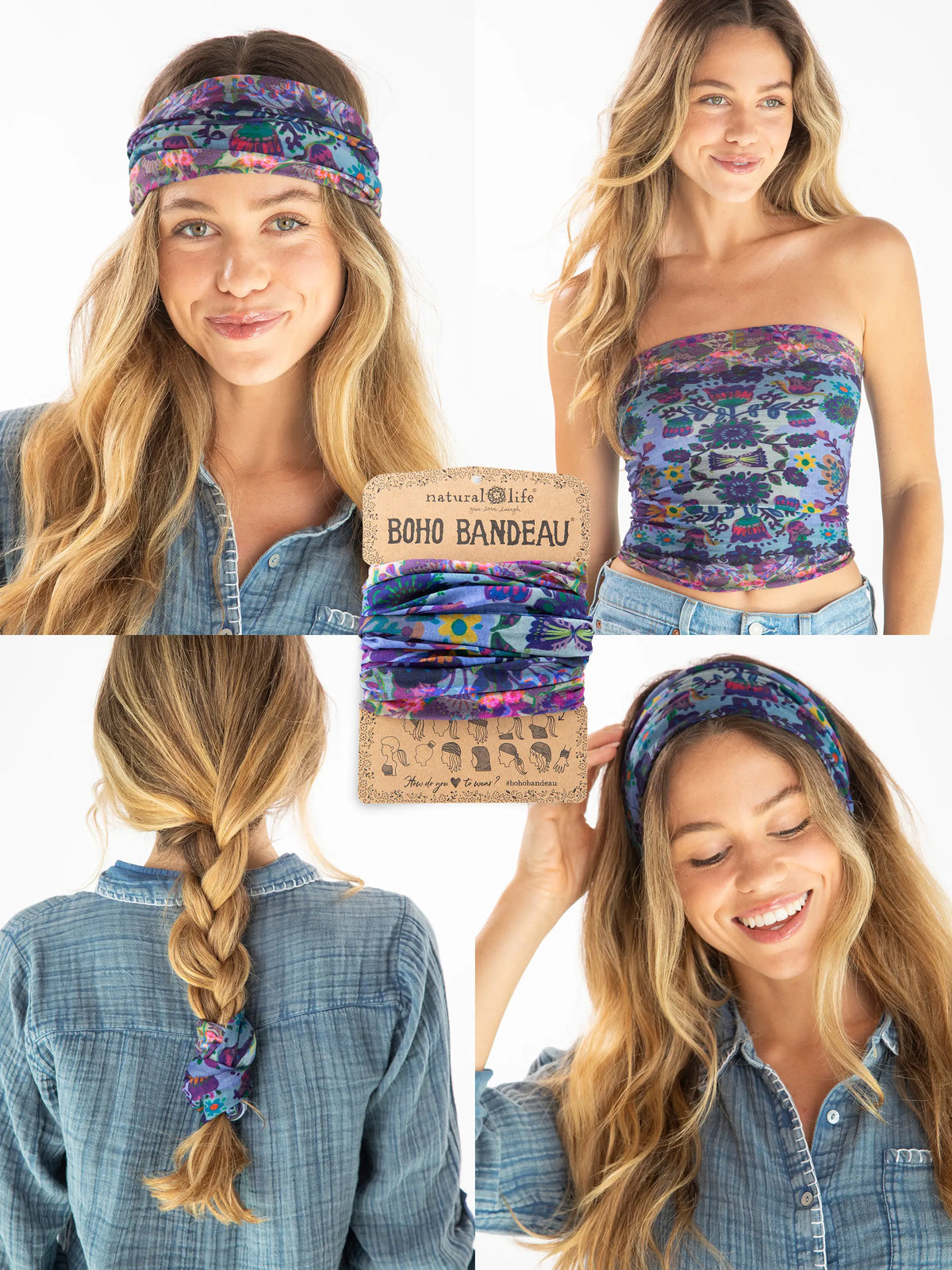NWT NATURAL LIFE Boho Bandeau Floral Coral Hot-Pink Royal-Blue Turquoise Stretch Fuchsia Floral Stripes Boho Bandeau natural life - mlynnedesigns main image 2