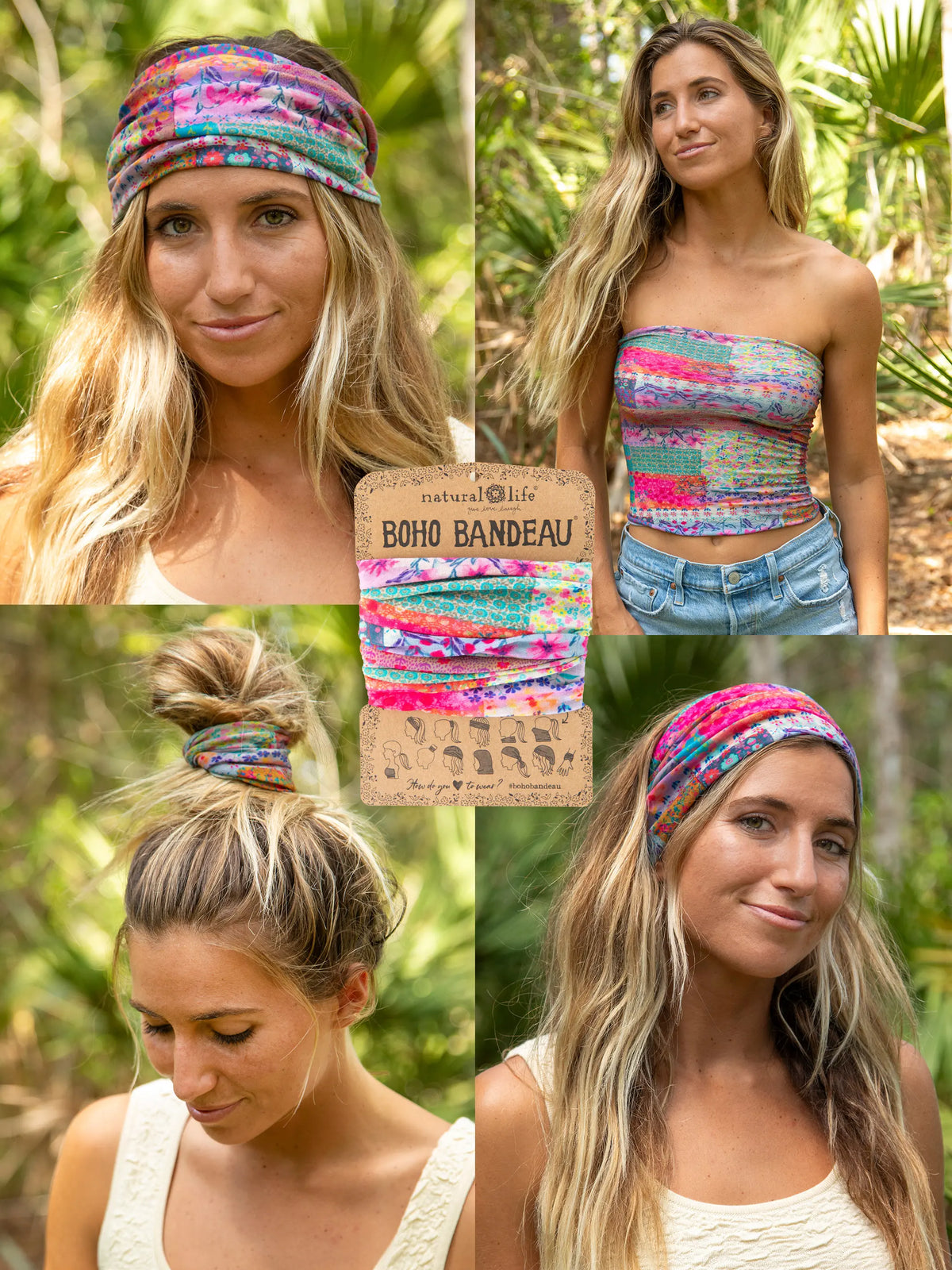 NWT NATURAL LIFE Boho Bandeau Floral Coral Hot-Pink Royal-Blue Turquoise Stretch Fuchsia Floral Stripes Boho Bandeau natural life - mlynnedesigns main image 3