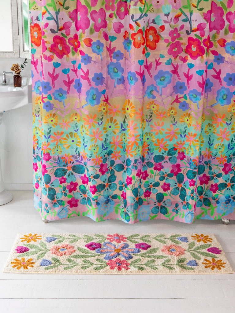 Tufted Runner Bath Mat Taupe Folk Floral Natural Life