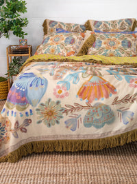 Cotton Matty Fringe Bedspread - Cream Folk Flower-view 1