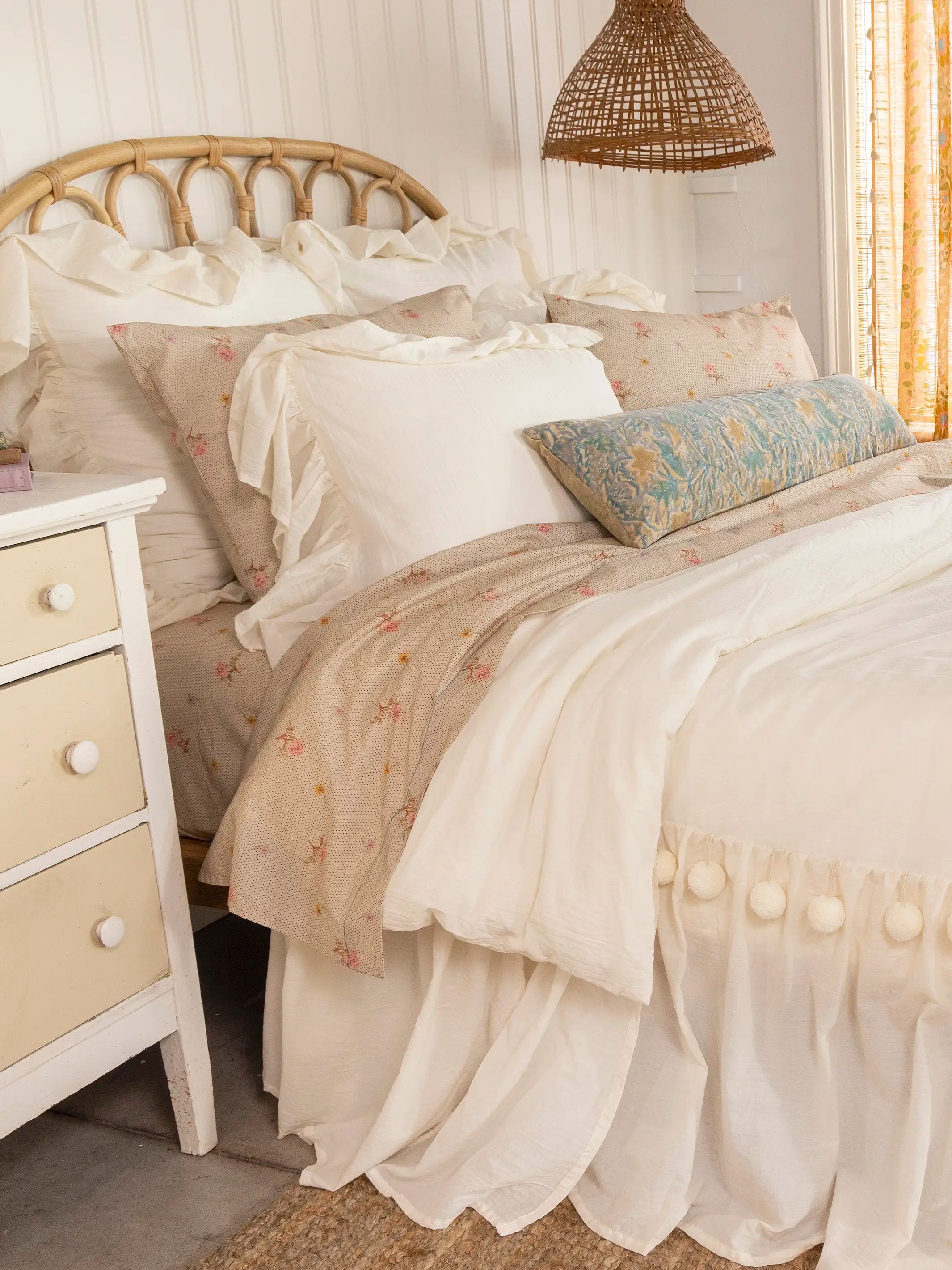 Cotton Ruffle Duvet Cover - Cream Pom Pom King/California King