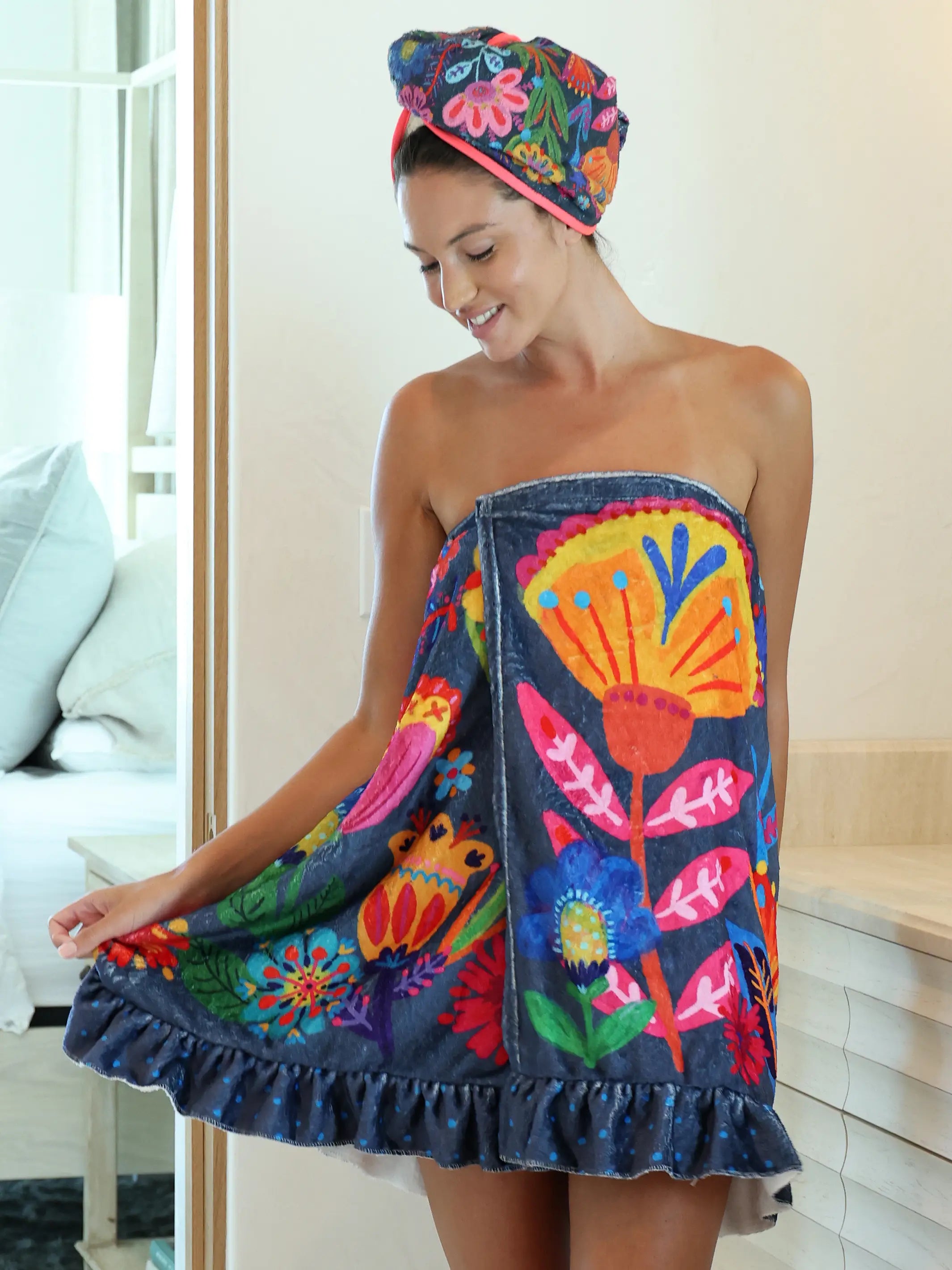 Towel Wrap - Navy Folk Flower – Natural Life