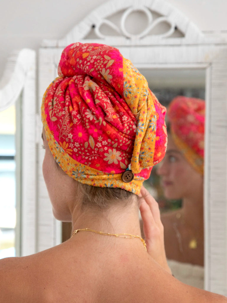 Microfiber Hair Towel Wrap - Bright Cranberry Wildflowers-view 1