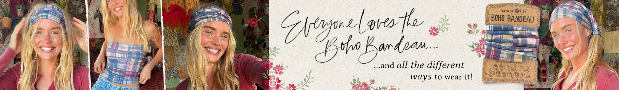 A collage-style promotional banner featuring a woman wearing a blue and white plaid patterned headband in multiple portrait panels, with a central text panel reading 'Everyone loves the Boba Barrette and all the different ways to wear it!' and a small inset showing the headband on a mannequin head.