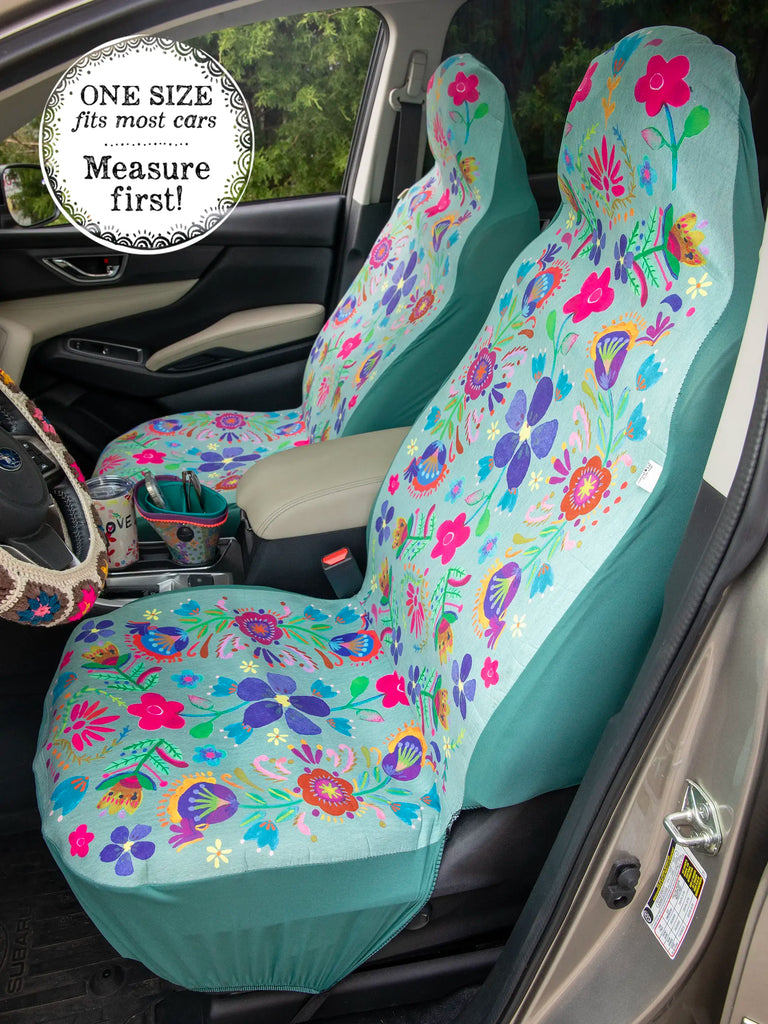Front Car Seat Cover, Set of 2 - Indigo Folk Flower-view 1