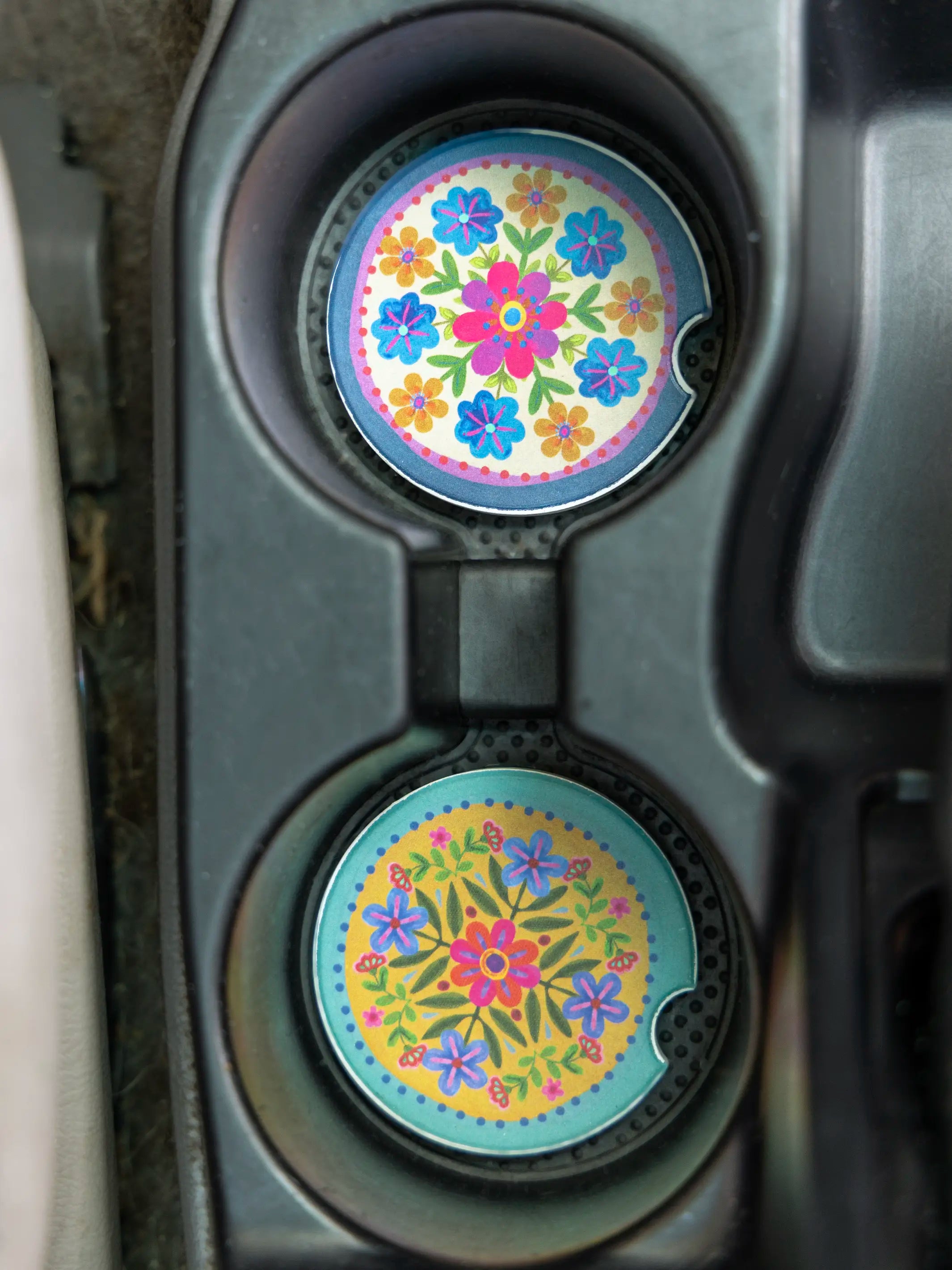 Car Coasters, Set of 2 - Mustard Folk Flower – Natural Life
